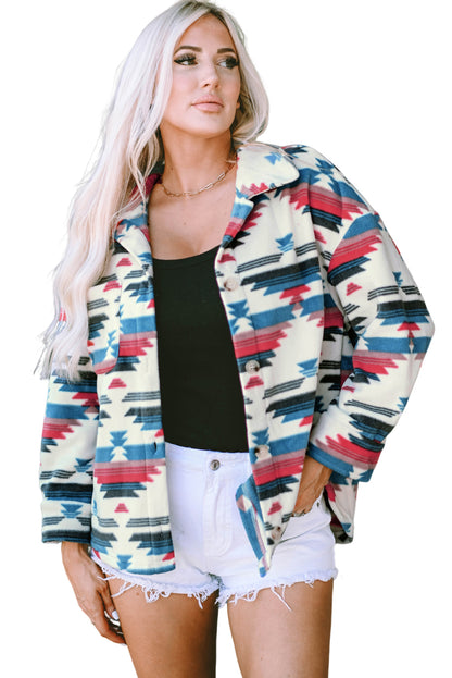 Chaqueta con cuello vuelto, botones y estampado azteca multicolor