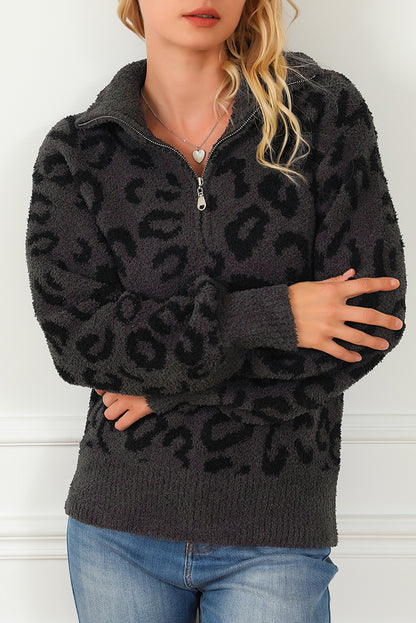 Leopard Animal Print Zipped Collared Sweater