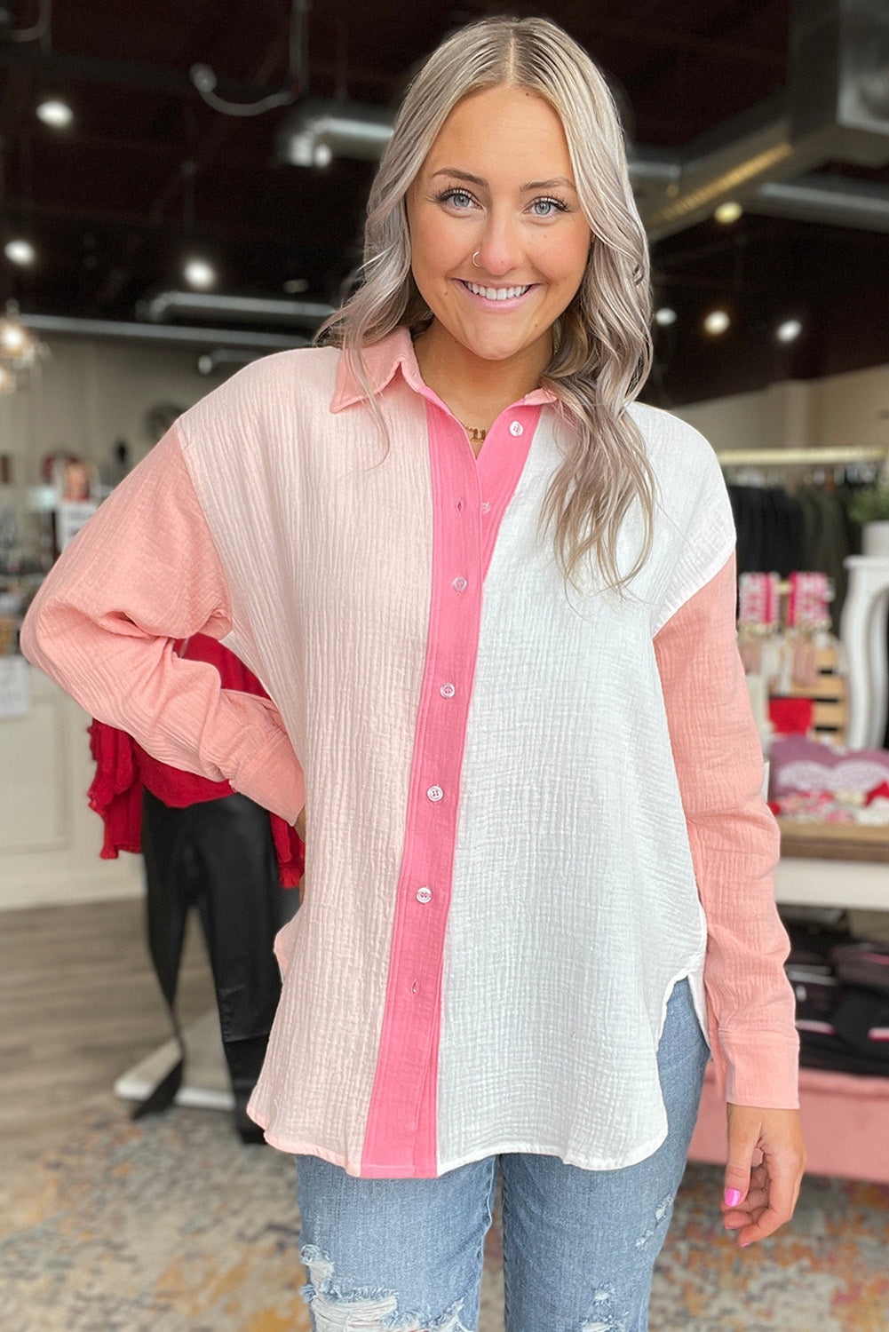 Pink Color Block Patchwork Crinkle Long Sleeve Shirt