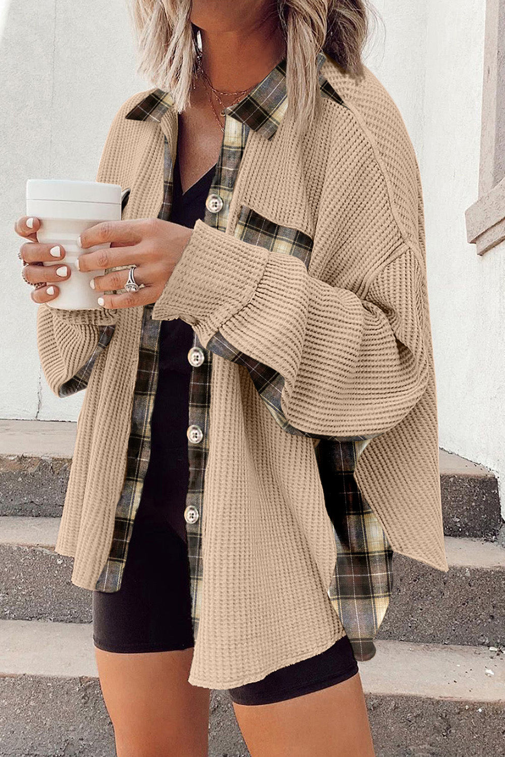 A shacket like no other! Hit the town lookin' fly in this Plaid Patchwork Thermal Knit Shacket, with its unique lattice detailing, flap pocket allusions, and comfy breathable fabric (95% Polyester, 5% Elastane) in classic Apricot, Black, and Beige hues. A sharp addition to any wardrobe!