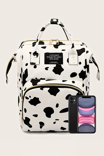 Mochila de lona con múltiples bolsillos y estampado de lunares de vaca en blanco brillante