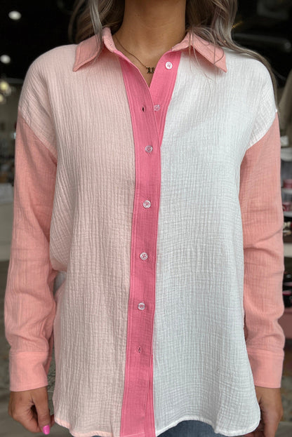 Pink Color Block Patchwork Crinkle Long Sleeve Shirt