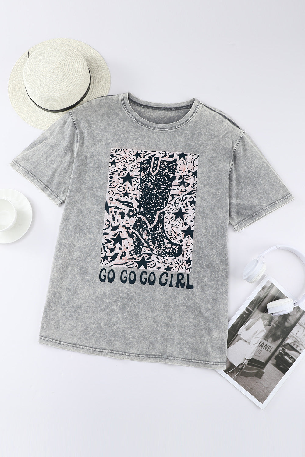 Camiseta con gráfico de botas de vaquero para niñas Let's Go en color gris