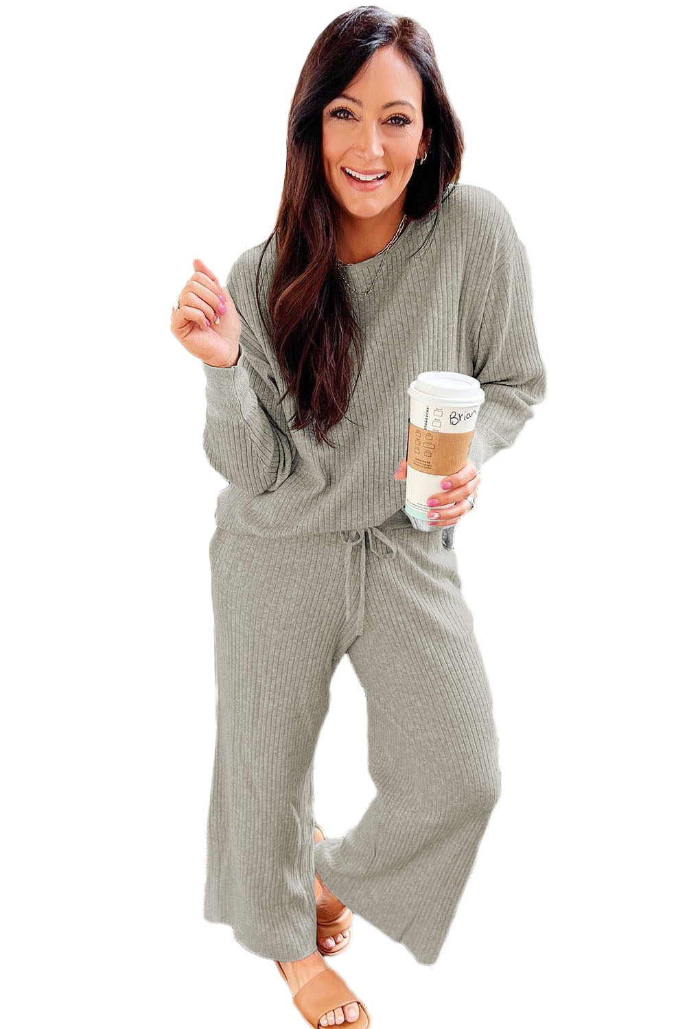 Gray Ribbed Drop Shoulder Pullover and Pants Lounge Set