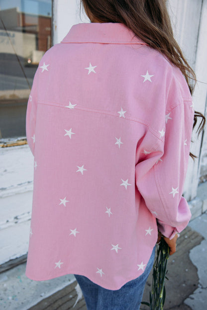 Pink Star Print Button Denim Jacket