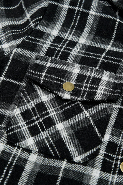 Gray Plaid Pattern Sherpa Lined Hooded Shacket