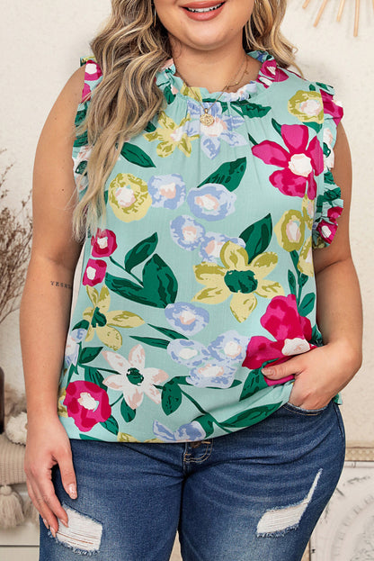 Multicolor Plus Size Floral Print Ruffle Trim Tank Top