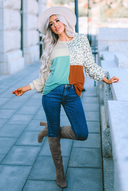 Leopard Patchwork Color Block Ribbed Long Sleeve Top