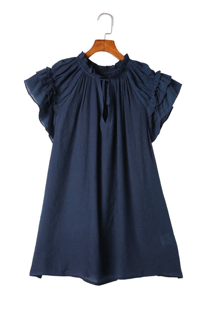 Ruffled Sleeve Drawstring V-Neck Blouse