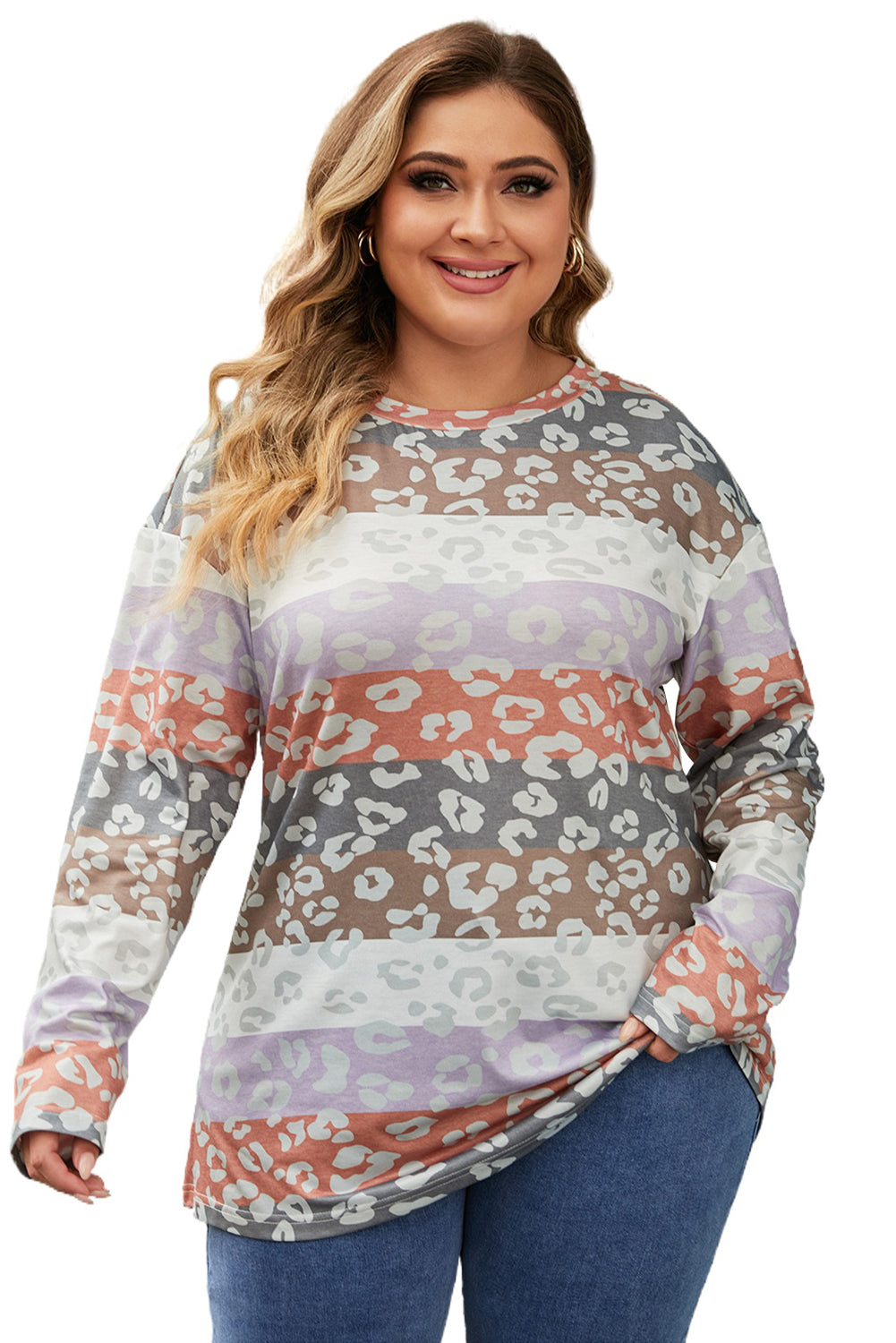 Leopard Print Colorful Stripes Drop Shoulder Plus Size Top