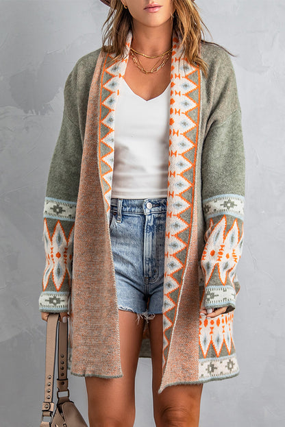 Green Aztec Print Open Front Knitted Cardigan