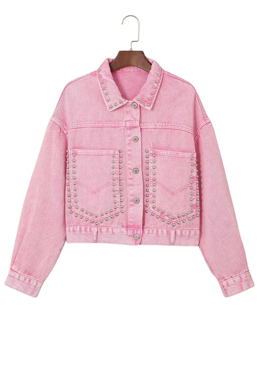 This denim jacket double-dips the style scale with a look that's both stylish and retro. Show off your punk side with its acid wash and rivet-studded details. Made from quality cotton fabric, this jacket's sure to last and will go perfectly over your go-to tops. 100% Cotton. Pink up your Moodz from this Boutique!