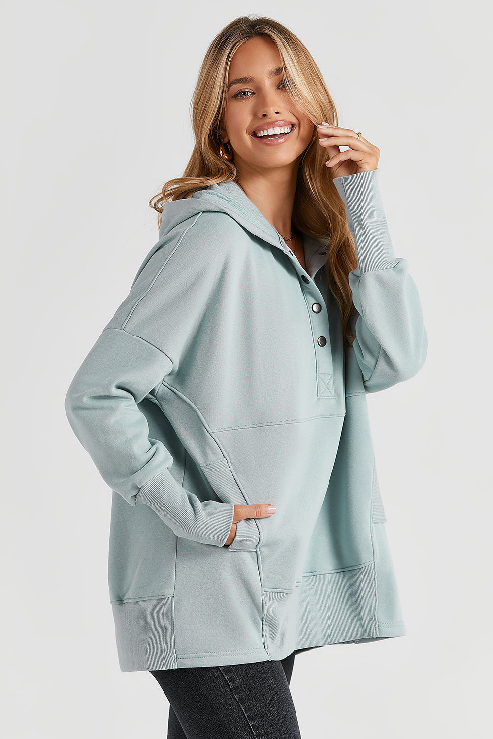 Turquoise Batwing Sleeve Pocketed Henley Hoodie