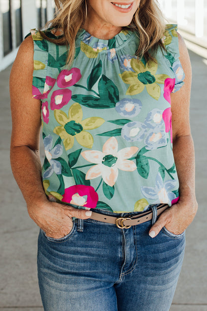 Multicolor Plus Size Floral Print Ruffle Trim Tank Top