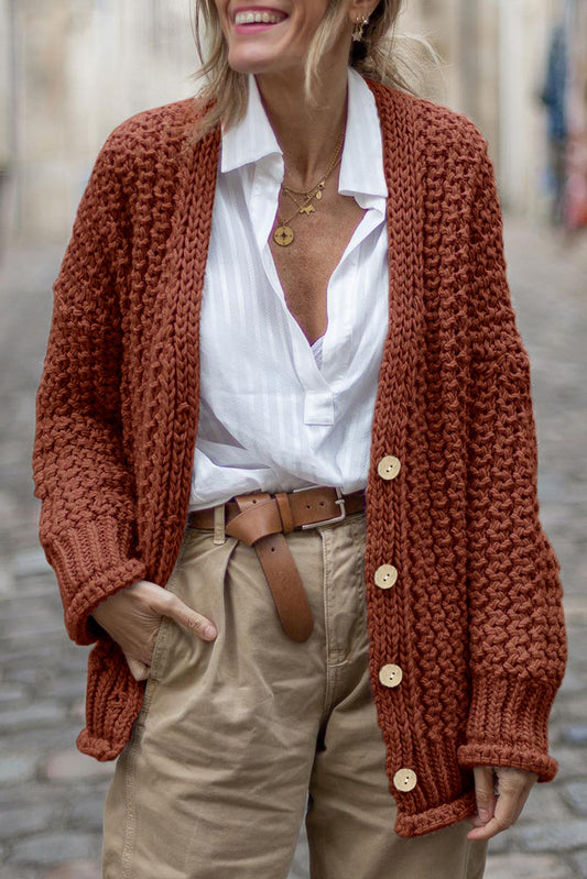 Cárdigan con botones en la parte delantera de punto trenzado estilo vintage de madera de sándalo rojo