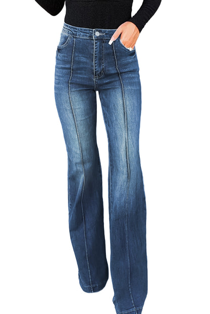 You'll look and feel svelte in these Central Seam Stitching Wide Leg Jeans! Their high-rise design makes 'em totally effortless to pull on, and the central seam stitching ensures they're never dull. Perfectly pairable with any top you like--sweatshirt, cardi, crop, blouse--they're made of 70% Cotton, 28.5% Polyester, and 1.5% Elastane.