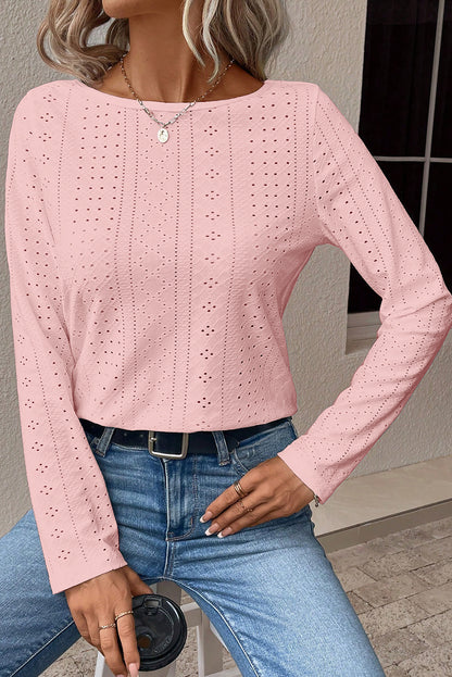 Blusa de manga larga con ojales y encaje floral en color rosa claro