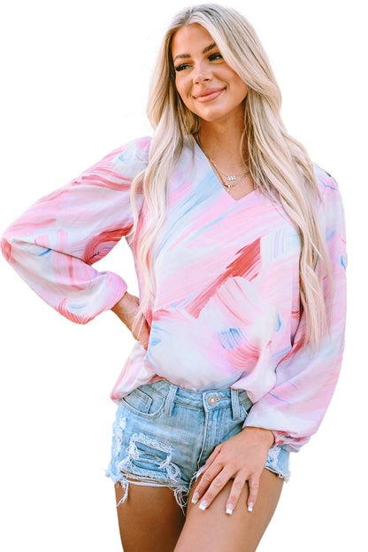 Pink Abstract Print Balloon Sleeve V-Neck Blouse