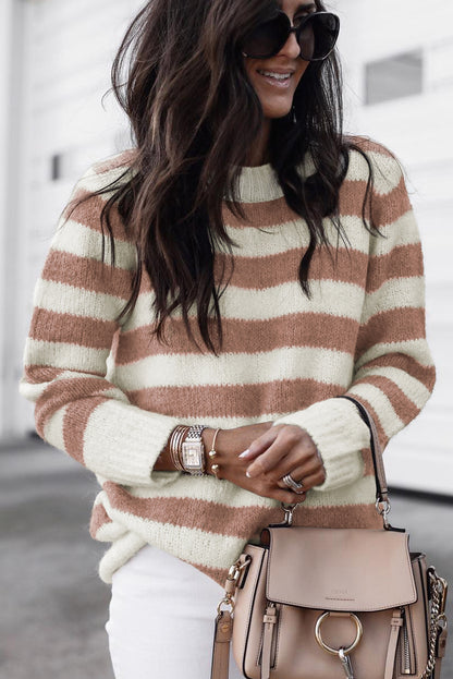 Brown Striped Round Neck Casual Sweater