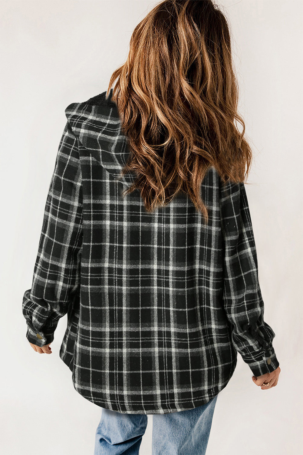 Gray Plaid Pattern Sherpa Lined Hooded Shacket