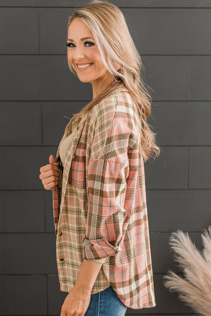 Orange Drop Shoulder Rounded Hem Plaid Pattern Shirt