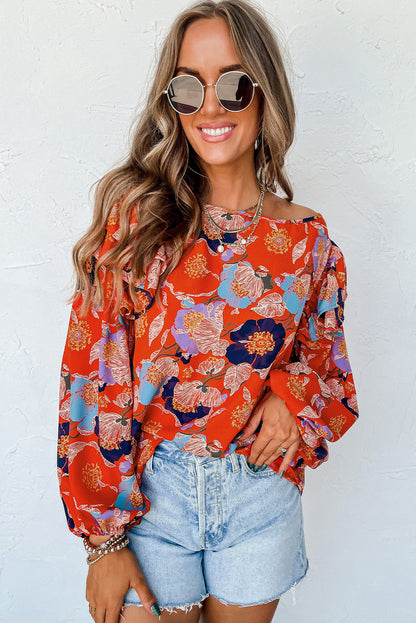 Blusa con mangas abullonadas y volantes con estampado floral de jengibre