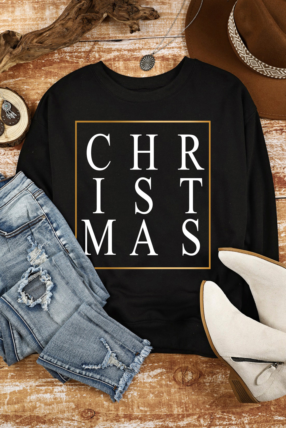 Gray Christmas Letter Plaid Car Graphic Print Pullover Sweatshirt