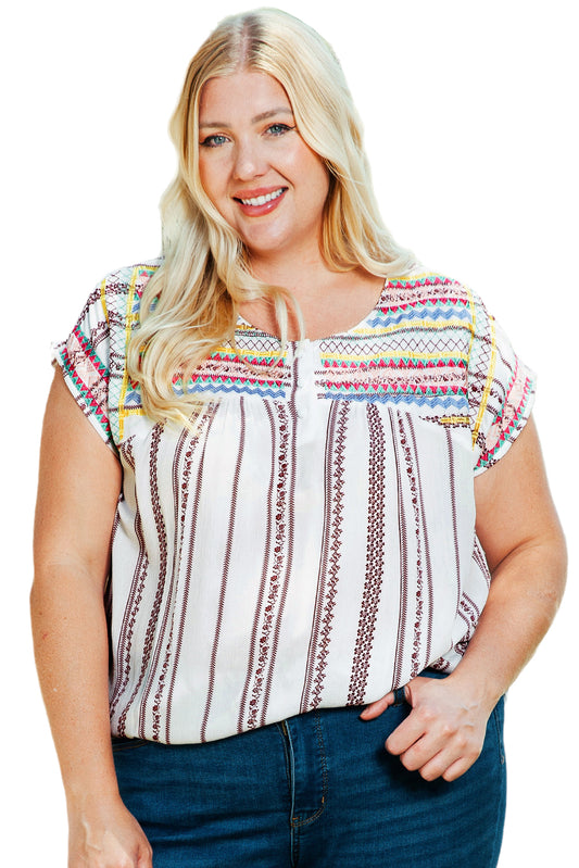 Blusa con estampado floral a rayas y estilo bohemio multicolor de talla grande 