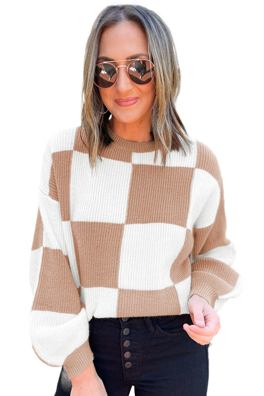 Checkered Ribbed Knit Puff Sleeve Sweater