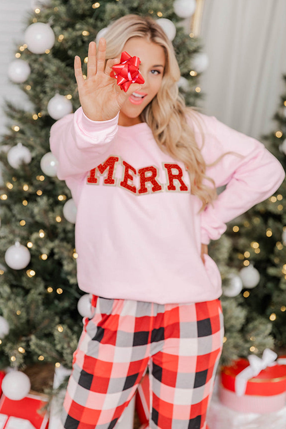 Pink MERRY Graphic Pullover Sweatshirt