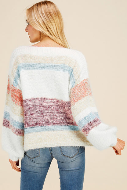 Multicolor Colorblock Striped Bishop Sleeve Fuzzy Sweater