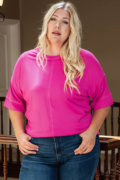 Pink Plus Size Ribbed 3/4 Sleeves Flowy Top