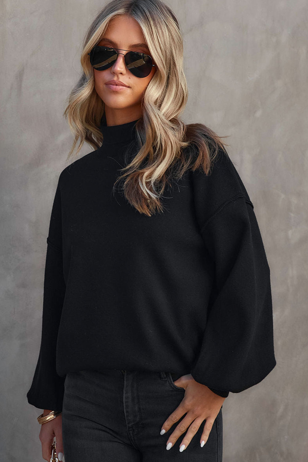 Brown Turtleneck Drop Shoulder Bubble Sleeve Knit Sweater