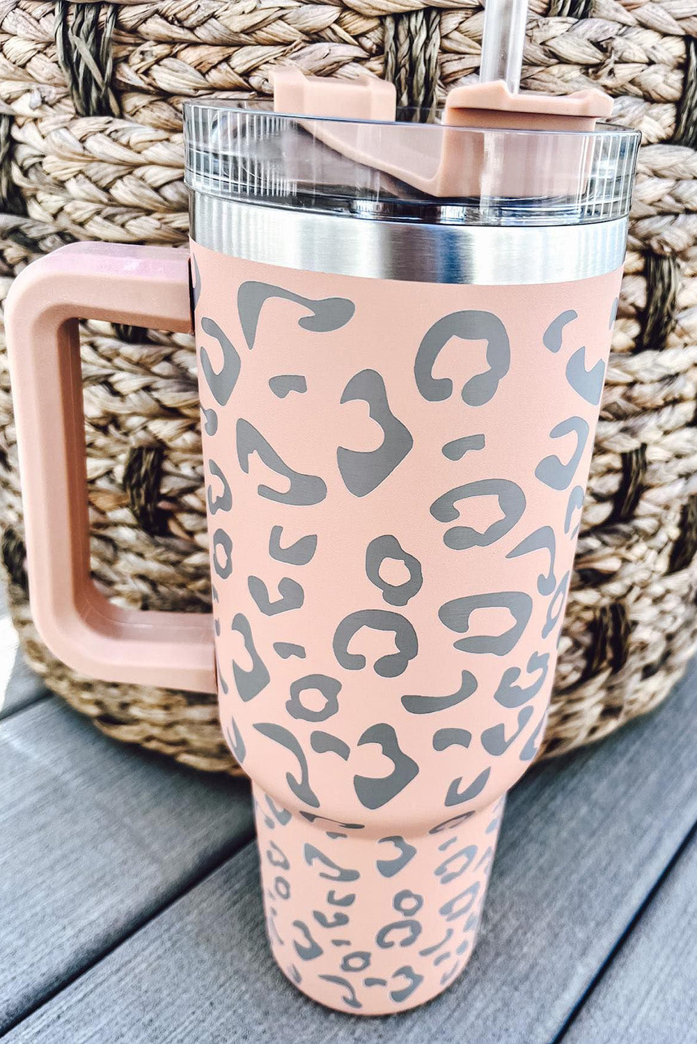 Taza de acero inoxidable 304 con doble aislamiento y manchas de leopardo rosa de 40 oz