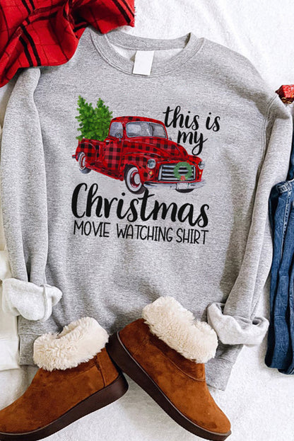 Gray Christmas Letter Plaid Car Graphic Print Pullover Sweatshirt