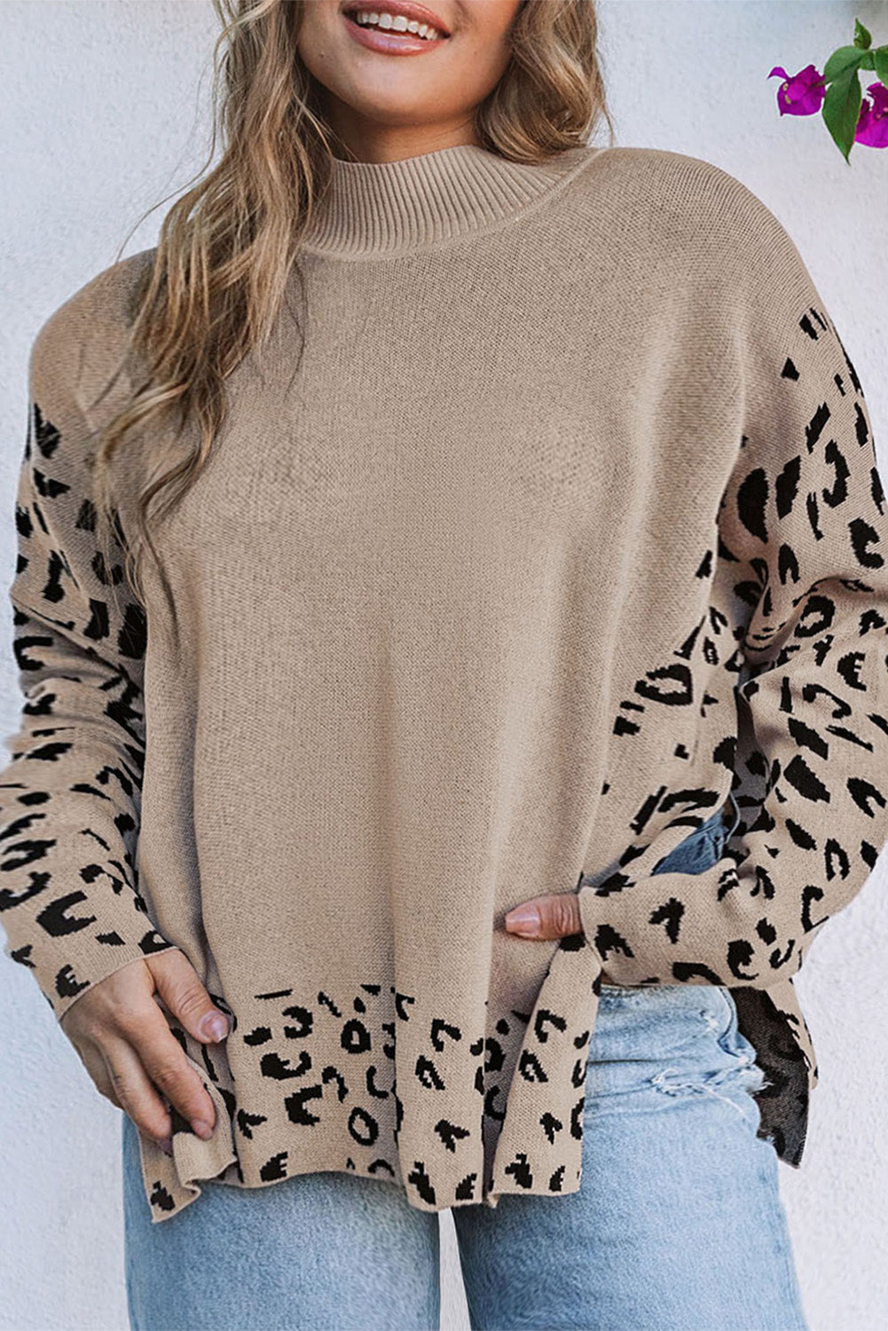 Khaki Leopard Patchwork High Neck Sweater