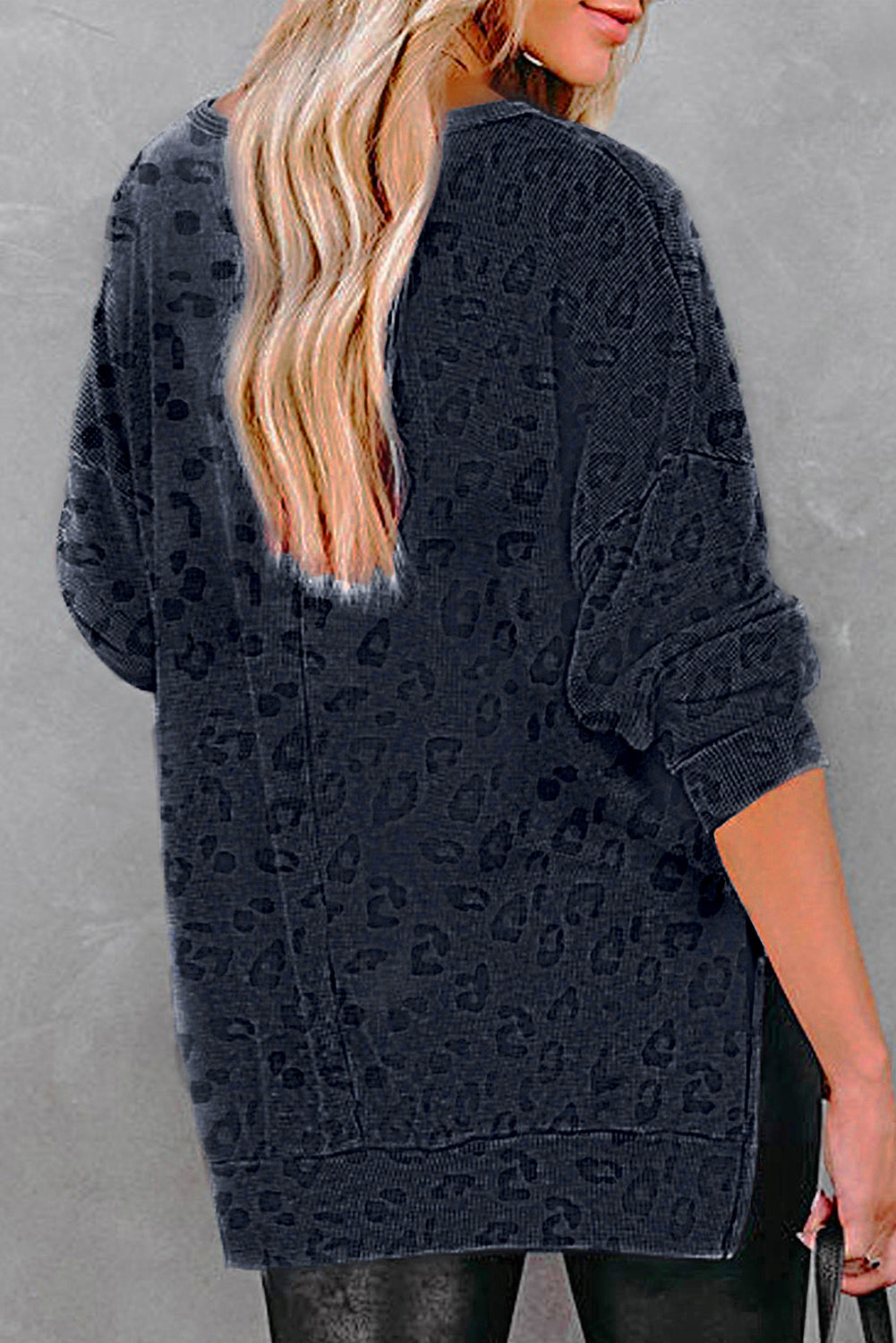 Gray Leopard Print Button Split Neck Waffle Sweatshirt