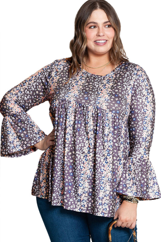 Purple Floral Print Round Neck Babydoll Blouse