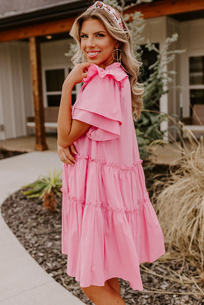 Pink V Neck Layered Ruffled Sleeves Mini Dress