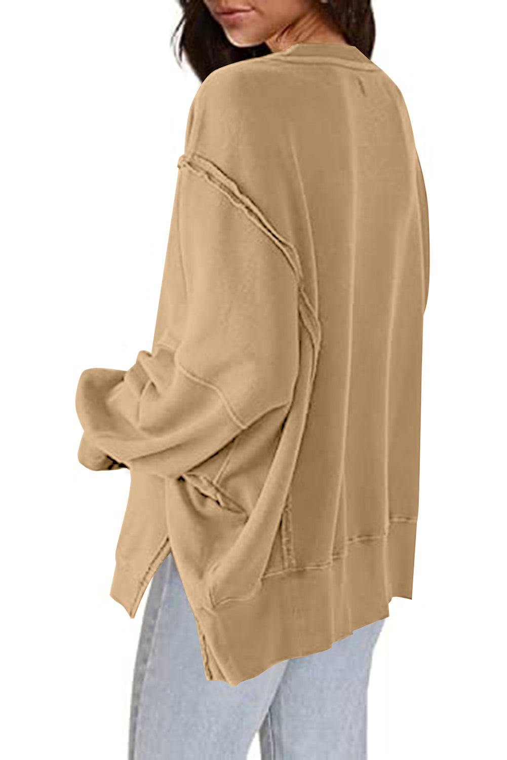 Khaki Exposed Seam Drop Shoulder Slit High Low Hem Sweatshirt