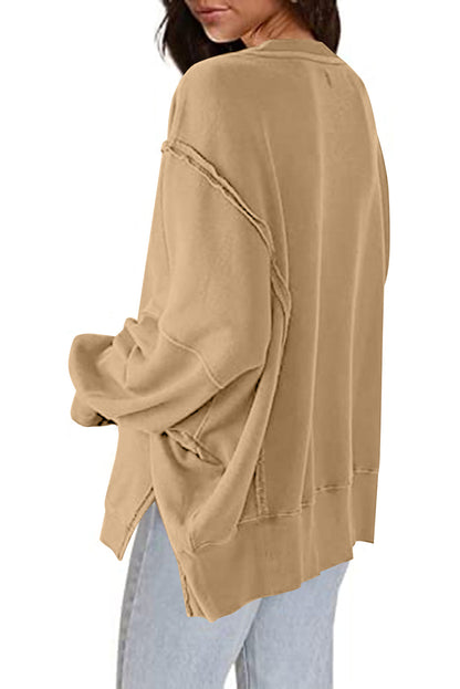 Khaki Exposed Seam Drop Shoulder Slit High Low Hem Sweatshirt