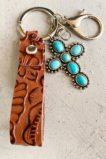 Brown Vintage Embossed Turquoise Leather Key Chain