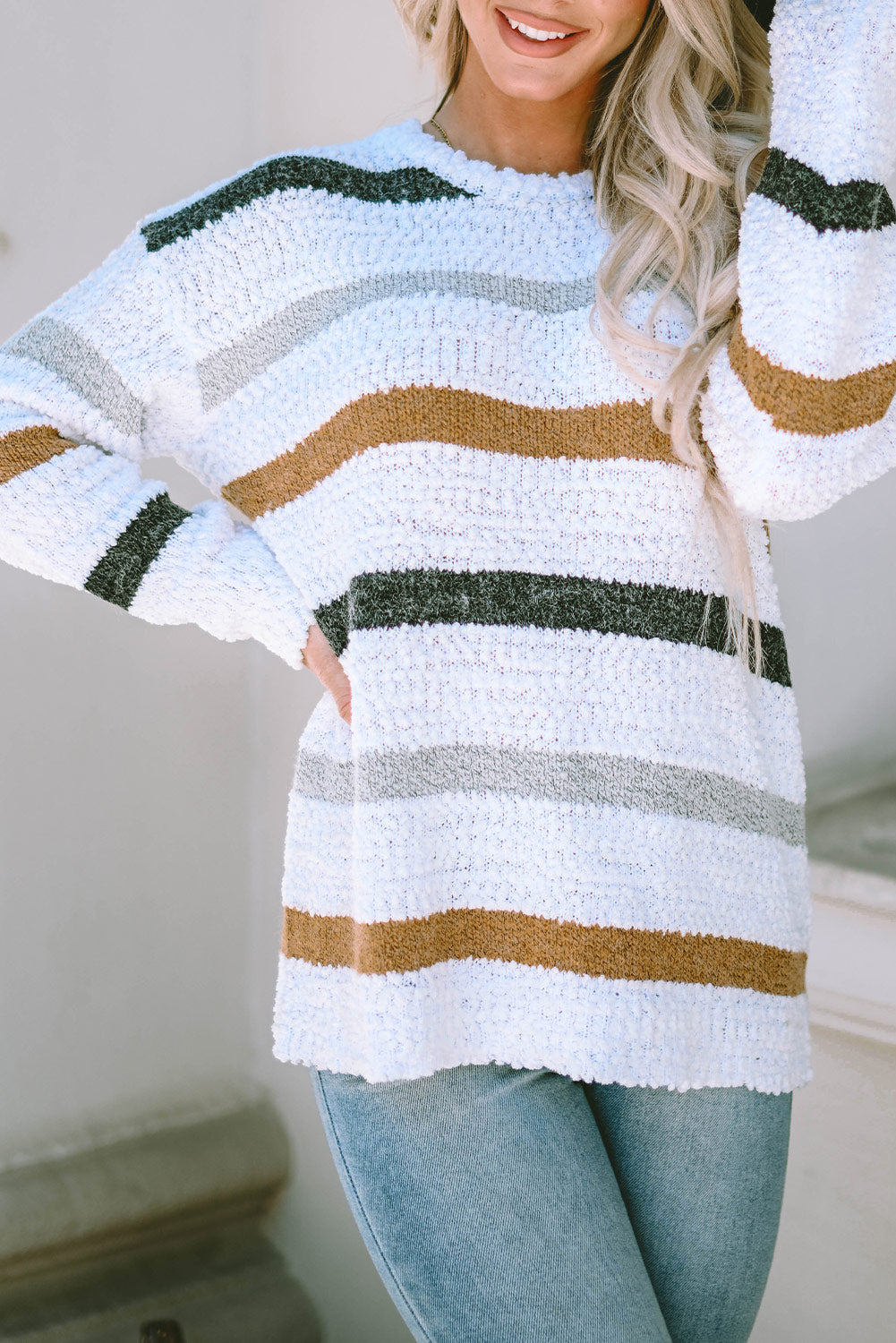 Light Pink Striped Popcorn Knit Sweater