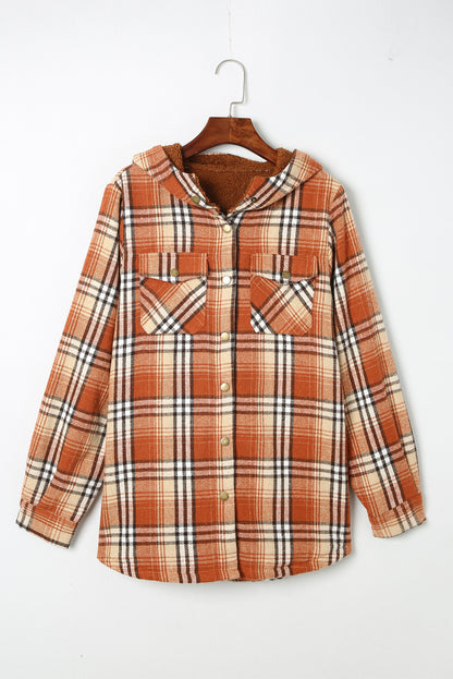 Gray Plaid Pattern Sherpa Lined Hooded Shacket