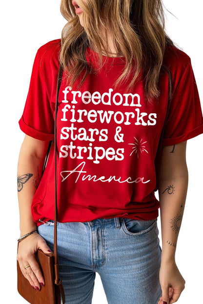 Red American Freedom Day Slogan Print T Shirt