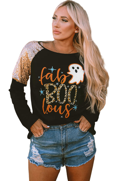 Top con mangas raglán y lentejuelas con estampado de leopardo negro Boo Ghost