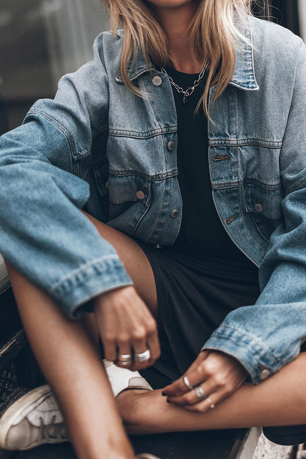 Sky Blue Metal Buttons Flap Pocket Drop Shoulder Denim Jacket