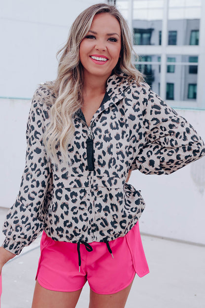 Leopard Zip Up Collared Hooded Windbreaker