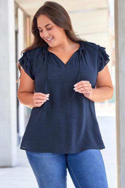 Ruffled Sleeve Drawstring V-Neck Blouse