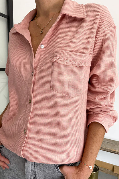 Pink Frilled Pocket Waffle Knit Shacket